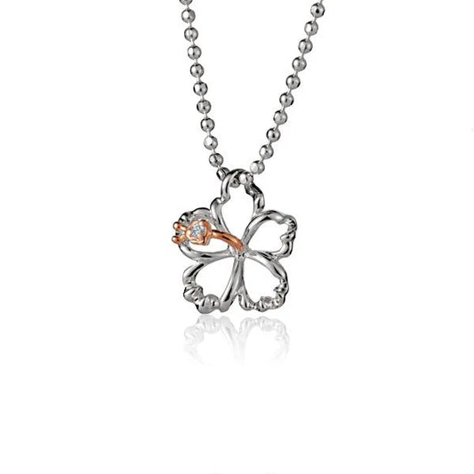 Outline Hibiscus CZ PG 2T Pendant featuring a 10mm hibiscus design with pink gold plating, crafted by Ashley's Gift Shop.