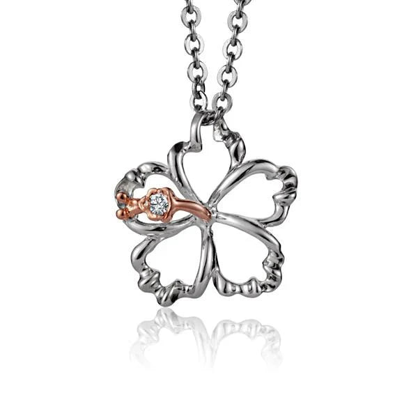 Hawaiian 925 Sterling Silver outline Hibiscus CZ PG 2T pendant, 12mm, featuring detailed hibiscus flower design.