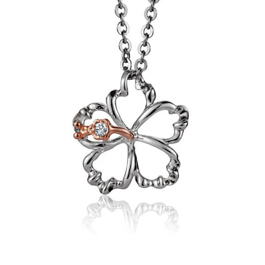 Outline Hibiscus CZ PG 2T pendant, 12mm, showcasing a floral jewelry design with pink gold tone and sparkling cz accents.