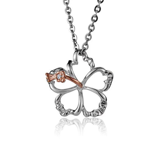 Outline Hibiscus CZ PG 2T Pendant, 15mm, showcasing a delicate hibiscus flower design in rose gold-plated metal and sparkling CZ accents.