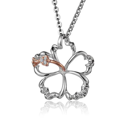 Outline Hibiscus CZ PG 2T Pendant, 18mm, rose gold-plated jewelry with detailed hibiscus flower design.