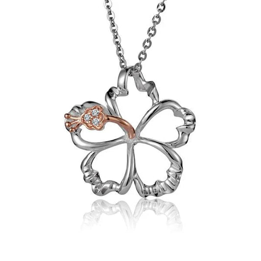 Outline Hibiscus CZ PG 2T pendant in 925 sterling silver, 22mm, featuring a delicate floral design with sparkling cubic zirconia.