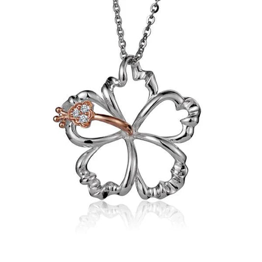 Sterling silver Outline Hibiscus CZ PG 2T pendant, 25mm, featuring a delicate floral design with sparkling gemstones.