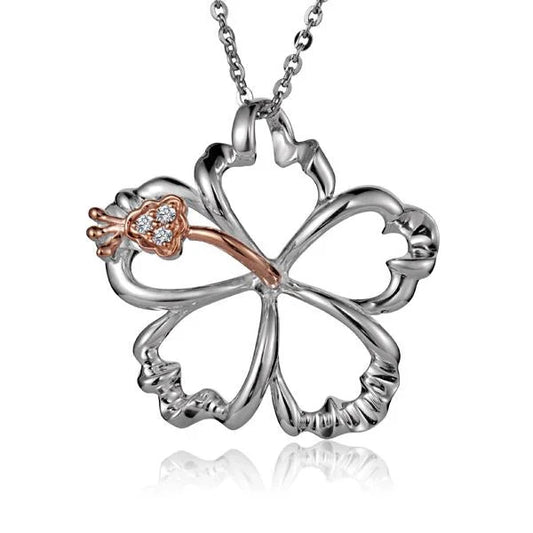 Sterling silver Outline Hibiscus CZ PG 2T pendant, 30mm, featuring a floral design with sparkling cubic zirconia accents.