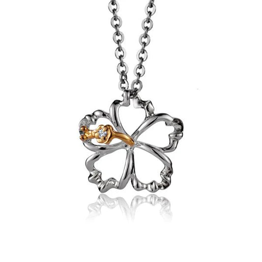 Yellow gold outline hibiscus CZ pendant with 12mm size, featuring a detailed floral design, ideal for jewelry accessories.
