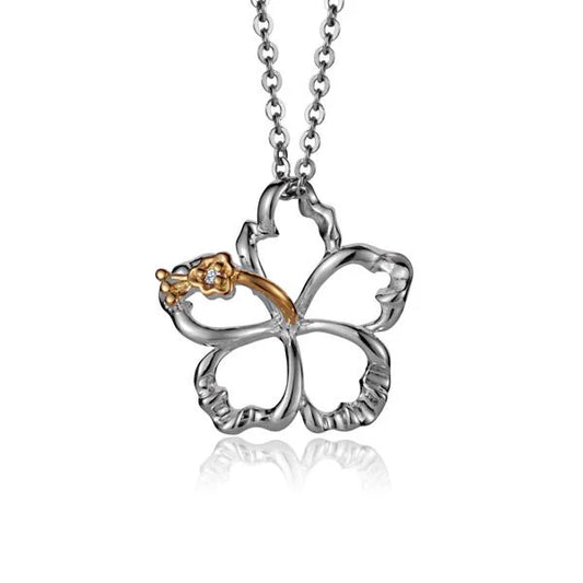 Yellow gold outline hibiscus pendant with cubic zirconia accents, 15mm size, featuring a floral design and dainty chain attachment.