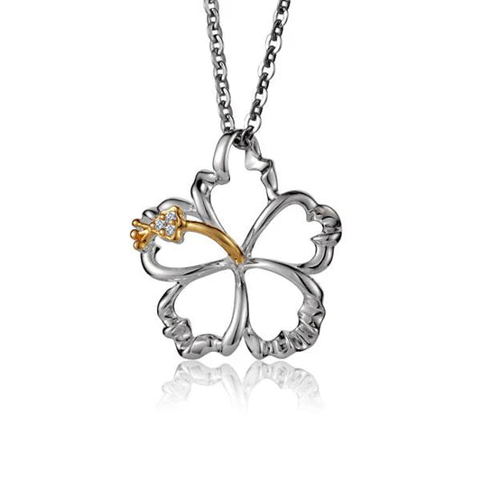 Outline Hibiscus CZ YG 2T Pendant with 18mm yellow gold-plated design featuring a hibiscus flower and sparkling cubic zirconia accents.