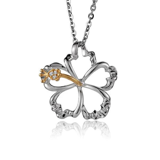 925 Sterling Silver Outline Hibiscus CZ YG 2T Pendant, 20mm, featuring yellow gold-plated hibiscus flower design.