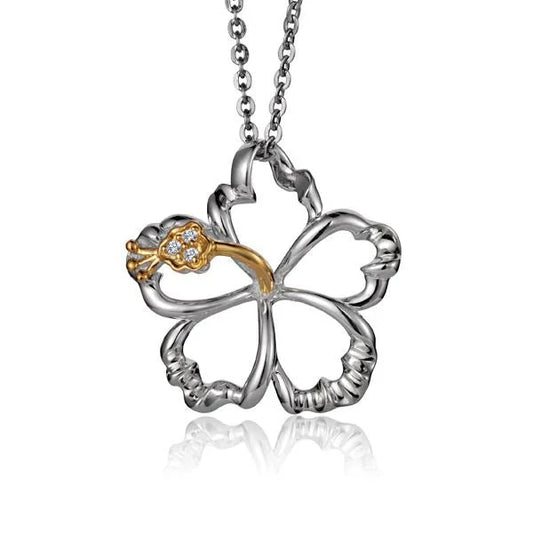 Outline Hibiscus CZ YG 2T pendant in 925 sterling silver, 22mm, featuring yellow gold accents and intricate floral design.
