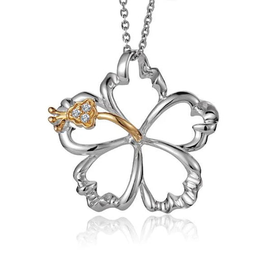 925 Sterling Silver Outline Hibiscus CZ YG 2T Pendant, 30mm, featuring yellow gold-plated hibiscus flower design.