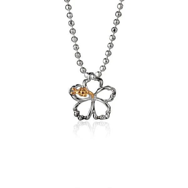 Hawaiian 925 Sterling Silver outline Hibiscus CZ YG 2T Pendant, 8mm, with detailed floral design and vibrant yellow gold.