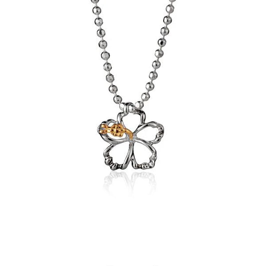 Yellow gold outline hibiscus flower pendant with cubic zirconia accents, 8mm size, featuring a detailed floral design.