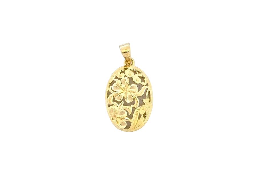 Hawaiian 14K Gold oval Plumeria pendant, medium size, featuring a detailed floral design, suitable for necklaces or jewelry.