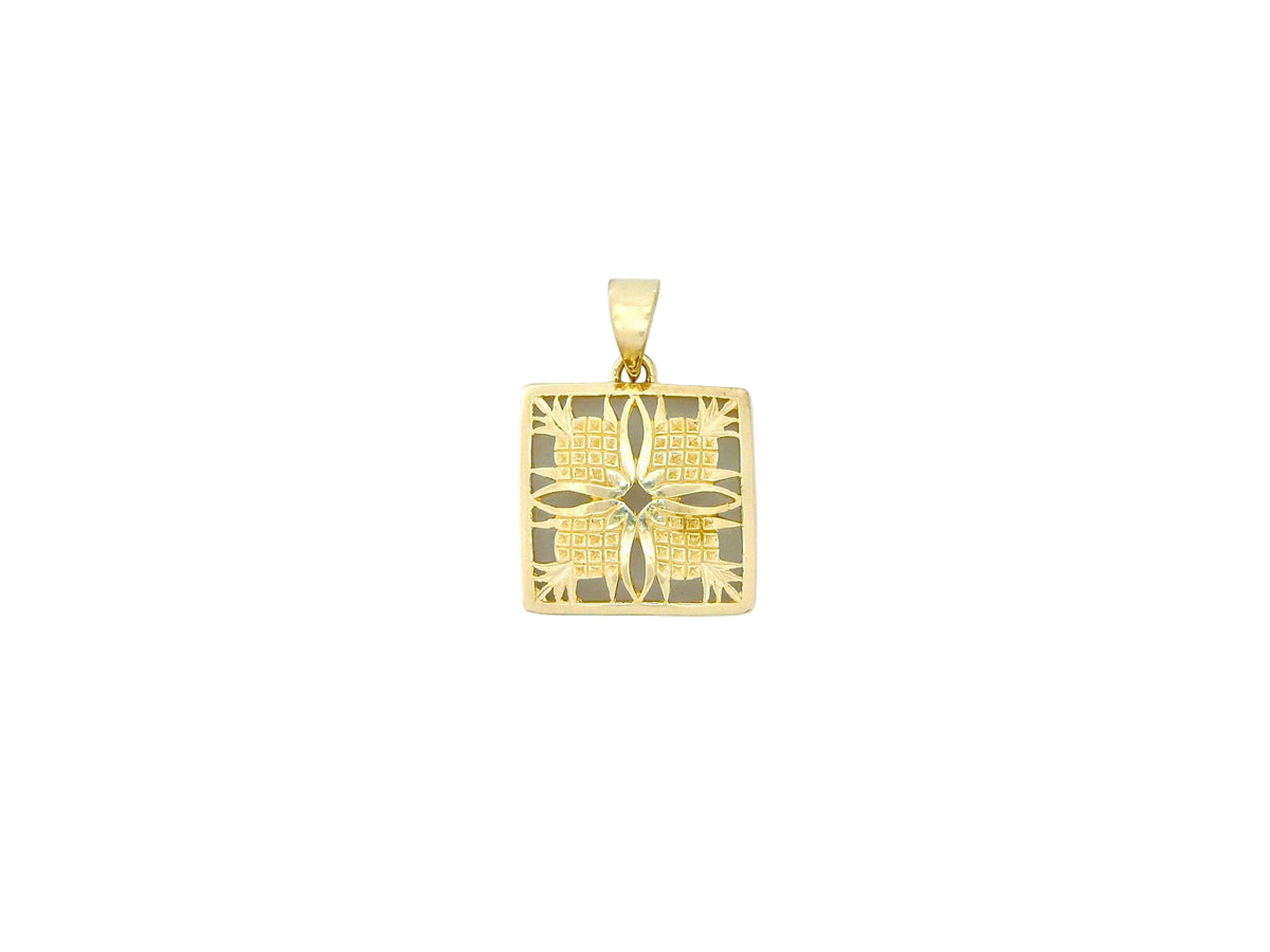 Hawaiian 14K Gold small 14K gold pineapple quilt pendant, detailed jewelry piece with textured design.