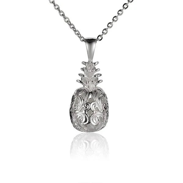 Hawaiian 925 Sterling Silver pineapple Scroll Pendant featuring intricate pineapple and scroll design.