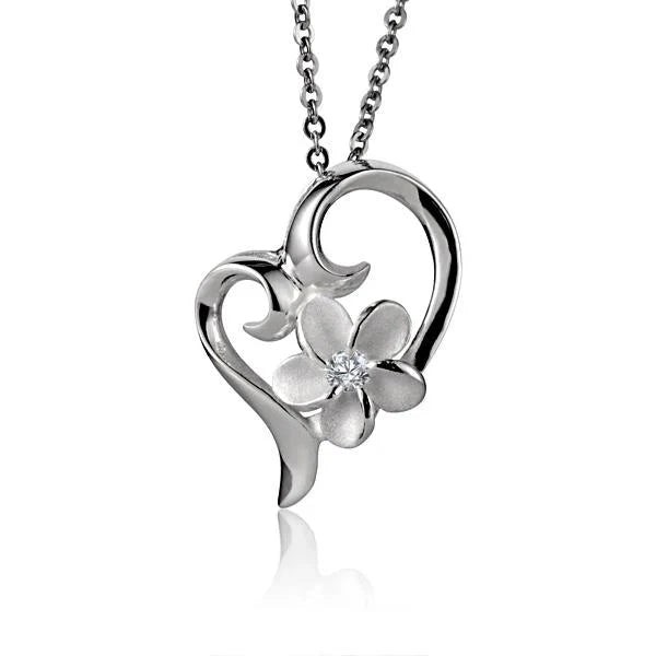 Hawaiian 925 Sterling Silver plumeeria CZ Heart Pendant, 8mm, featuring a sparkling cubic zirconia heart design, jewelry.