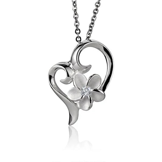 Ashley’s Gift Shop Plumeeria CZ Heart Pendant, 8mm, featuring a sparkling heart-shaped design on a jewelry chain.