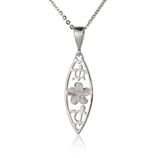 Plumeria 2 Honu surfboard pendant necklace featuring a Hawaiian-inspired design with a honu turtle motif.