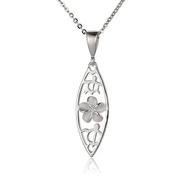 Hawaiian 925 Sterling Silver plumeria 2 Honu surfboard pendant featuring a Hawaiian turtle design.