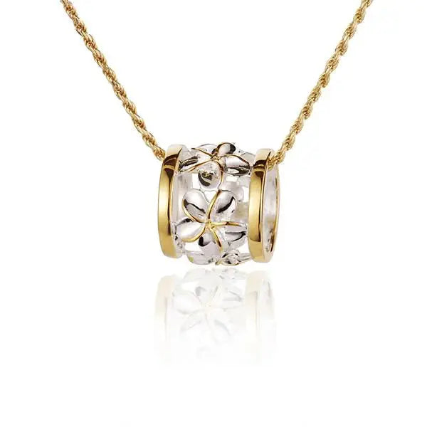 Hawaiian 925 Sterling Silver plumeria 2T Barrel Pendant in large size, featuring intricate floral design.
