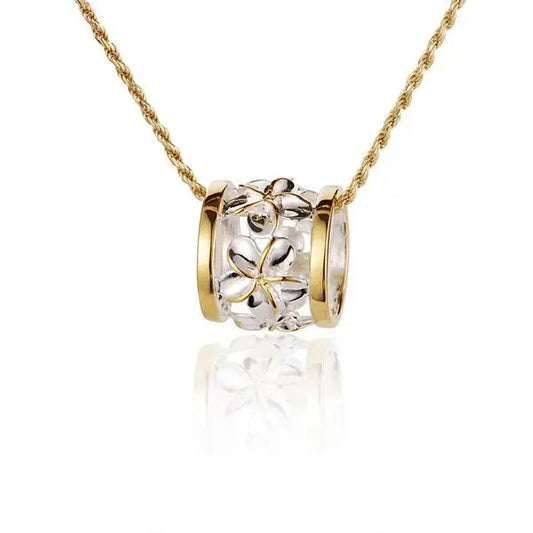 Sterling silver Plumeria 2T Barrel Pendant in large size, featuring intricate floral design, from Ashley's Gift Shop.