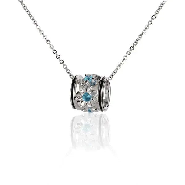 Hawaiian 925 Sterling Silver plumeria Barrel Blue CZ Pendant in size M with detailed floral design.