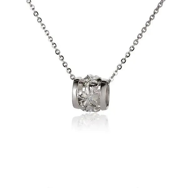 Hawaiian 925 Sterling Silver plumeria Barrel CZ Pendant with floral design, medium size.