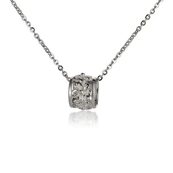 Hawaiian 925 Sterling Silver plumeria Barrel Pendant in size M featuring detailed floral design.
