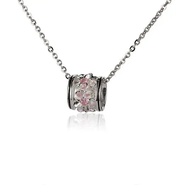 Hawaiian 925 Sterling Silver pink CZ Plumeria Barrel Pendant in 925 Sterling Silver, medium size, featuring a floral design.