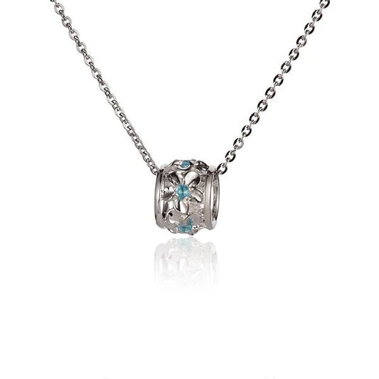Blue CZ barrel pendant featuring plumeria design, crafted by Ashley's Gift Shop, with a sleek and elegant jewelry style.