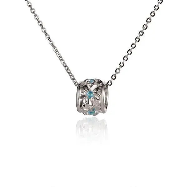 Hawaiian 925 Sterling Silver plumeria Blue CZ barrel pendant, medium size, featuring vibrant blue cubic zirconia stones.