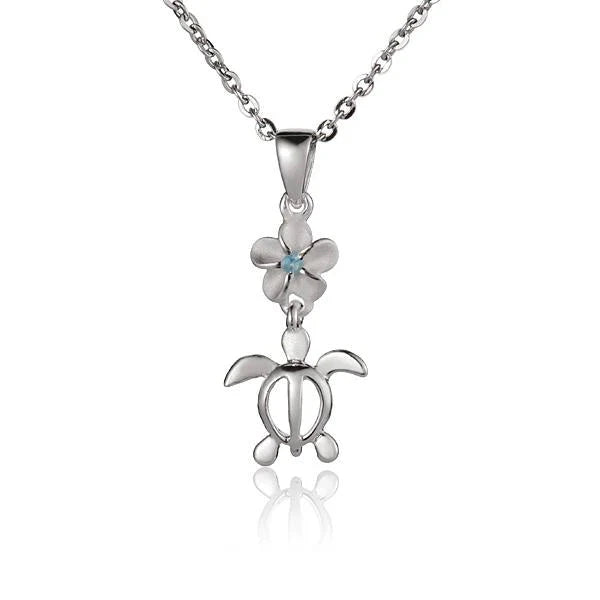 Hawaiian 925 Sterling Silver plumeria Blue CZ and Honu pendant, 6mm, featuring floral and turtle design.
