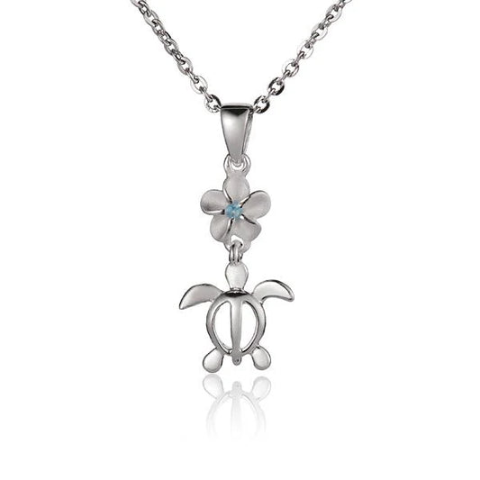 Blue plumeria and honu turtle pendant with CZ stones, 6mm size, crafted by Ashley's Gift Shop.