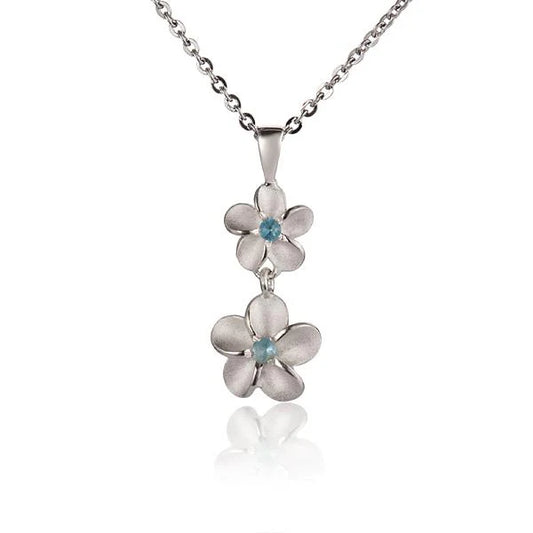 Blue Plumeria CZ pendant, 8-10mm, featuring sparkling cubic zirconia, crafted by Ashley's Gift Shop.