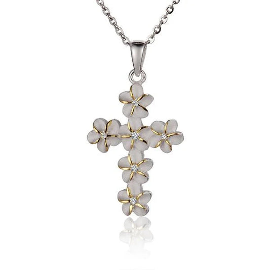 Sterling silver Plumeria Cross 2T pendant with 6mm size, featuring detailed floral design and polished finish.