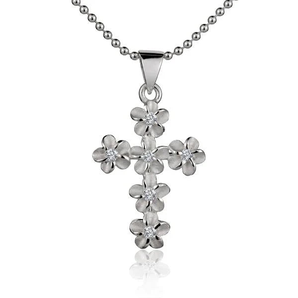 Hawaiian 925 Sterling Silver plumeria Cross Pendant with 5mm size, elegant jewelry piece featuring detailed flower and cross.