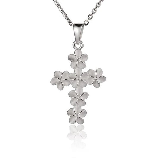 Silver Plumeria Cross Pendant with 6mm size, featuring detailed floral design, ideal as a delicate jewelry accessory.