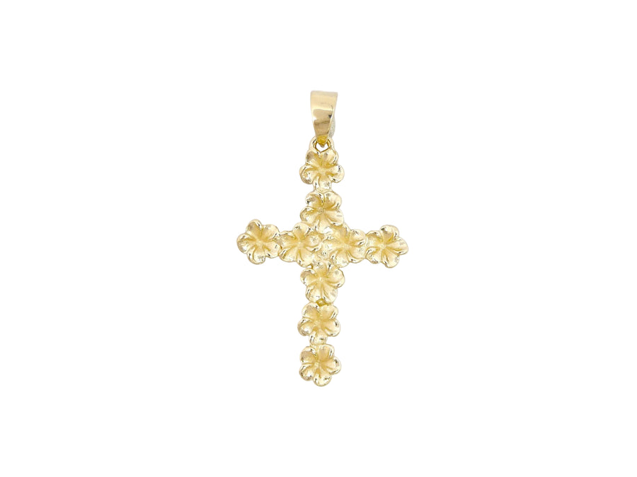 Hawaiian 14K Gold plumeria Cross pendant featuring a delicate flower design, crafted for elegant jewelry.