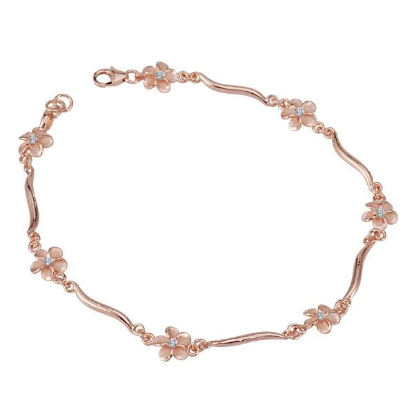 Hawaiian 925 Sterling Silver plumeria CZ bar anklet with 8mm plated accents, featuring delicate chain and floral-inspired.