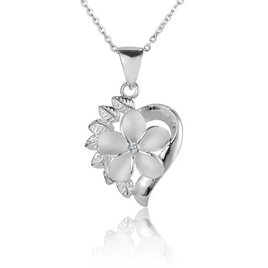 Sterling silver Plumeria CZ heart Maile pendant, 15mm, featuring intricate flower and heart design, sparkling gemstone accents.