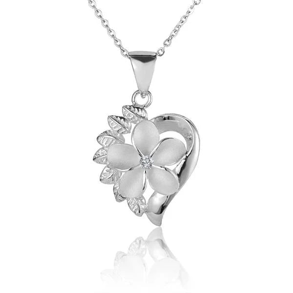 Hawaiian 925 Sterling Silver plumeria CZ heart Maile pendant, 15mm, featuring intricate flower and heart design, sparkling.