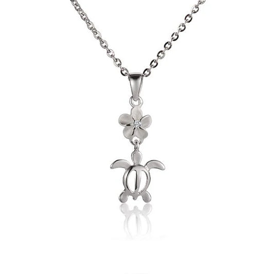 Plumeria CZ and honu turtle pendant, 6mm, featuring a floral and ocean theme, crafted by Ashley's Gift Shop.