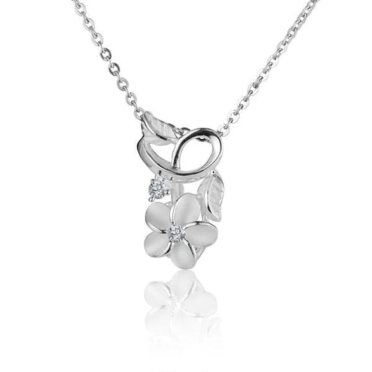 Plumeria CZ leaf pendant in silver with sparkling cubic zirconia accents, featuring a detailed floral design.