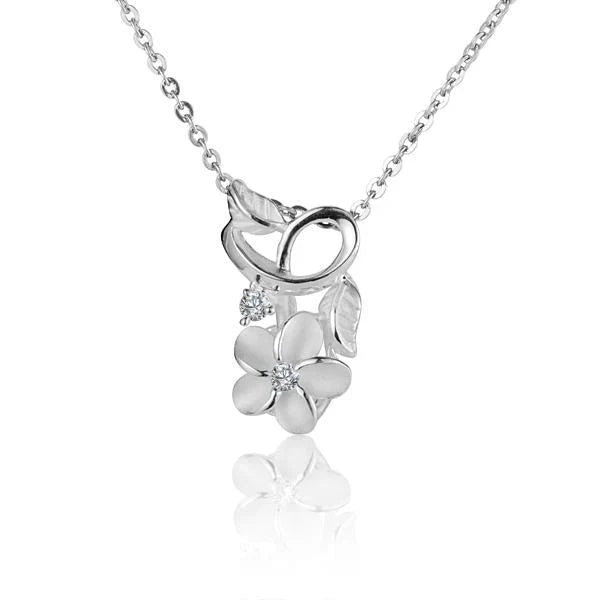 Hawaiian 925 Sterling Silver plumeria CZ leaf pendant with intricate floral design.