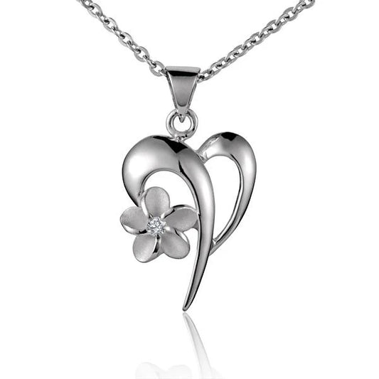 Ashley’s Gift Shop Plumeria CZ open heart pendant, 8mm, featuring sparkling cubic zirconia and delicate floral design.