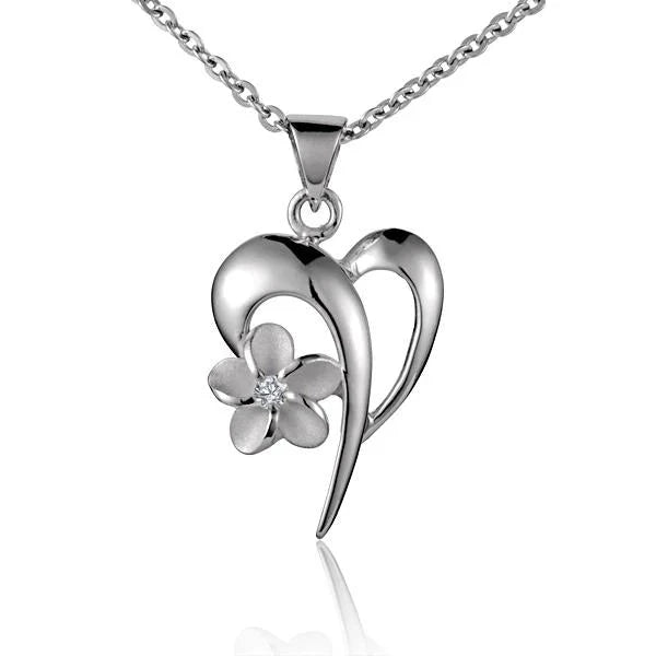 Hawaiian 925 Sterling Silver silver Plumeria CZ open heart pendant with 8mm size, featuring a delicate floral design.