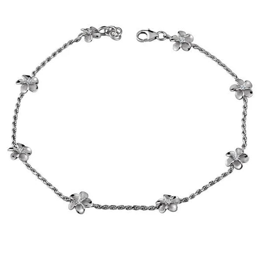 Plumeria CZ Rhodium Rope Anklet with 8mm beads, shiny silver finish, featuring intricate rope design for stylish ankle jewelry.