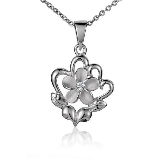 Sterling silver Plumeria Fancy Heart Pendant, 10mm, featuring intricate floral design, perfect for elegant jewelry.