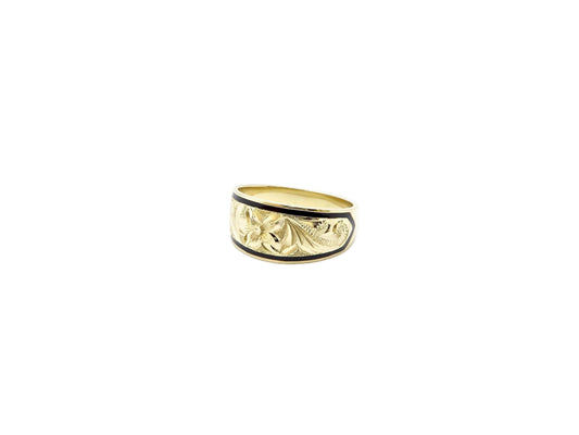 Hawaiian 14K Gold plumeria ring with black inlay, featuring intricate flower design.