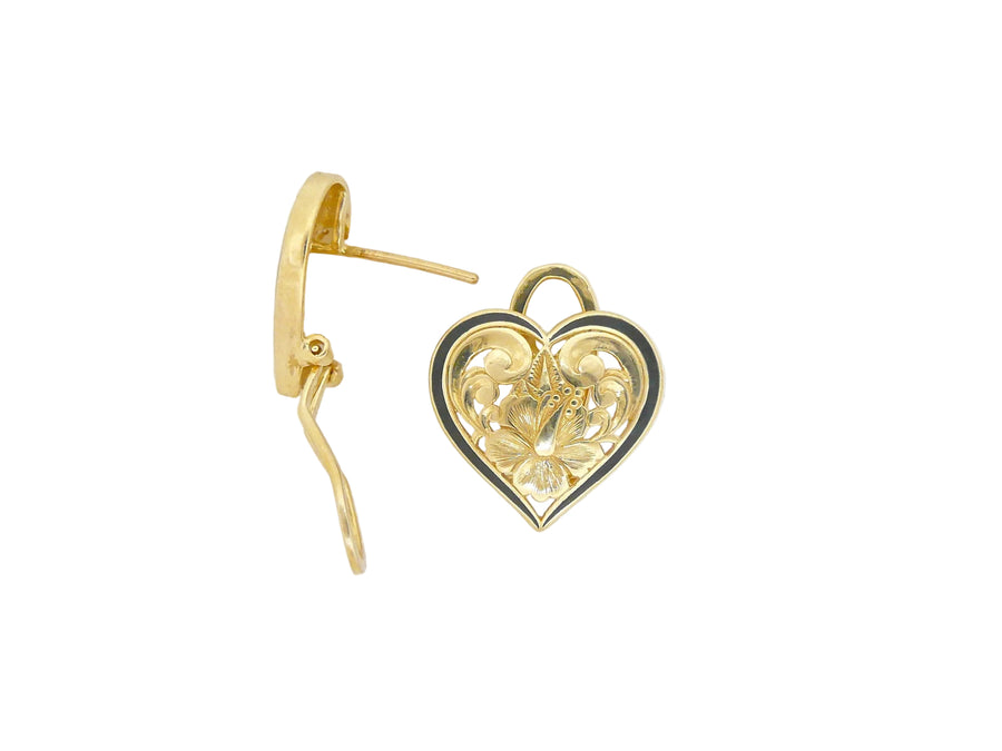 Hawaiian 14K Gold plumeria Heart earring with detailed floral design, visible close-up image.